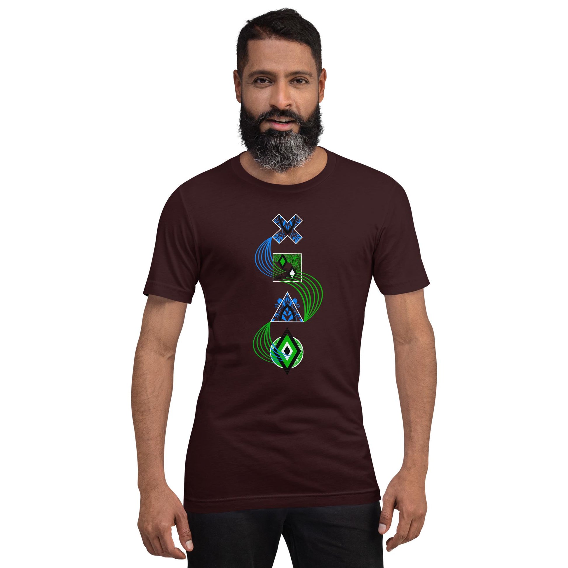 Oxblood black unisex PlayStation controller symbols tee featuring neon-styled cross (×), square (□), triangle (△), and circle (○) icons connected by blue and green curved lines.