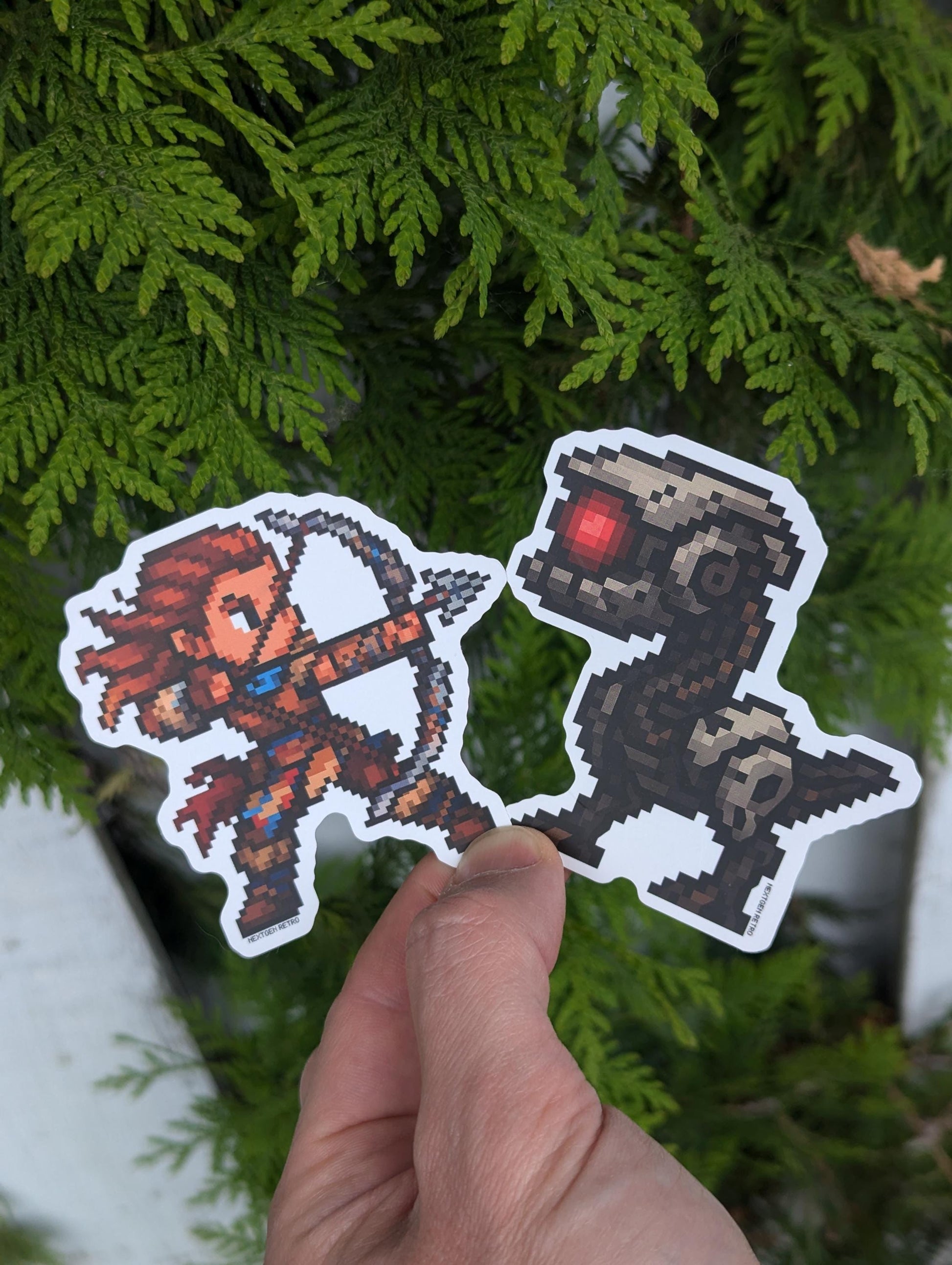 Pixel digital art of Aloy and a watcher inspired by the hit games Horizon Zero Dawn & Forbidden West. Aloy is wearing her colorful armor and drawing a bow ready to fire. A grey watcher is in battle stance, ready to battle Aloy should her shot miss.