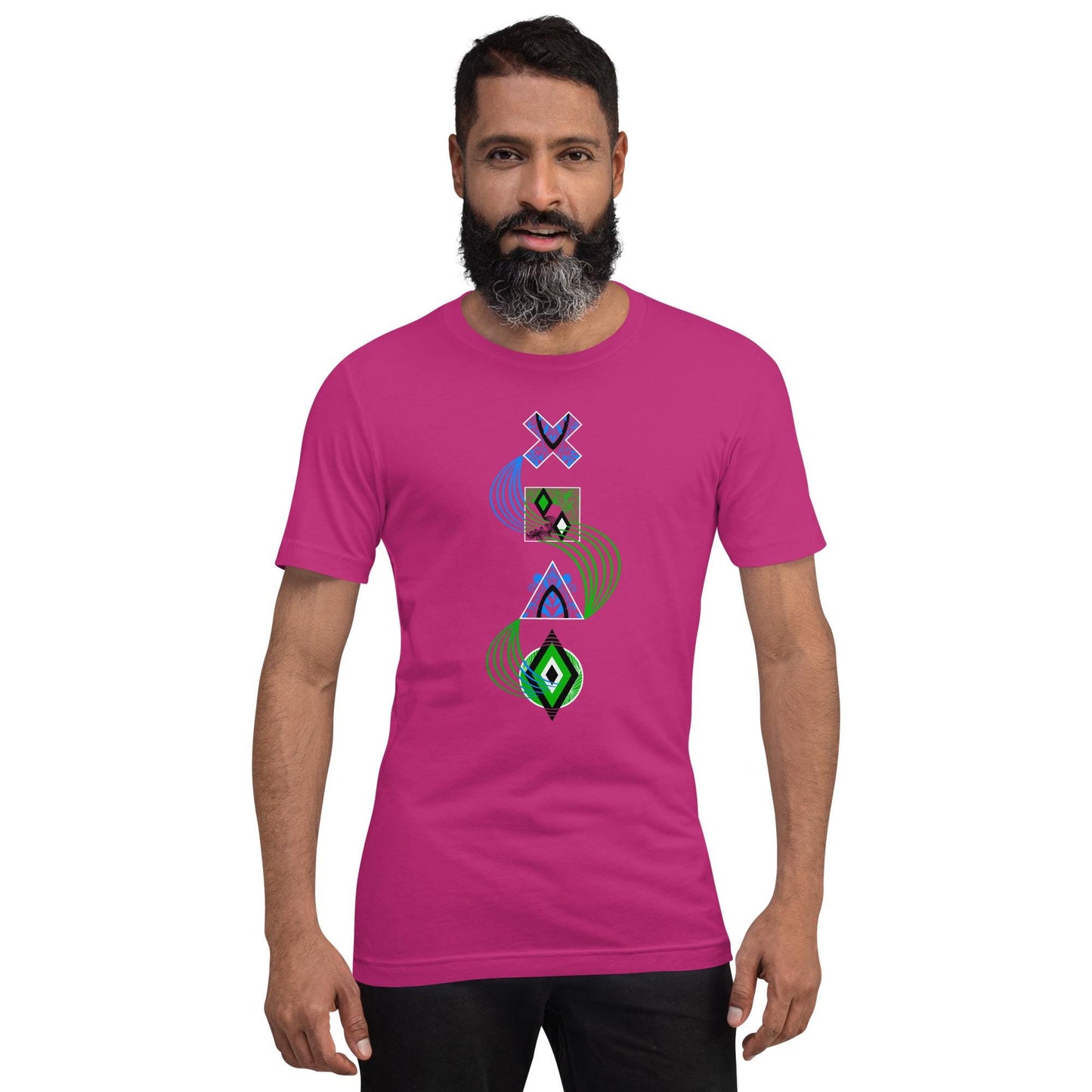 Berry pink unisex PlayStation controller symbols tee featuring neon-styled cross (×), square (□), triangle (△), and circle (○) icons connected by blue and green curved lines.