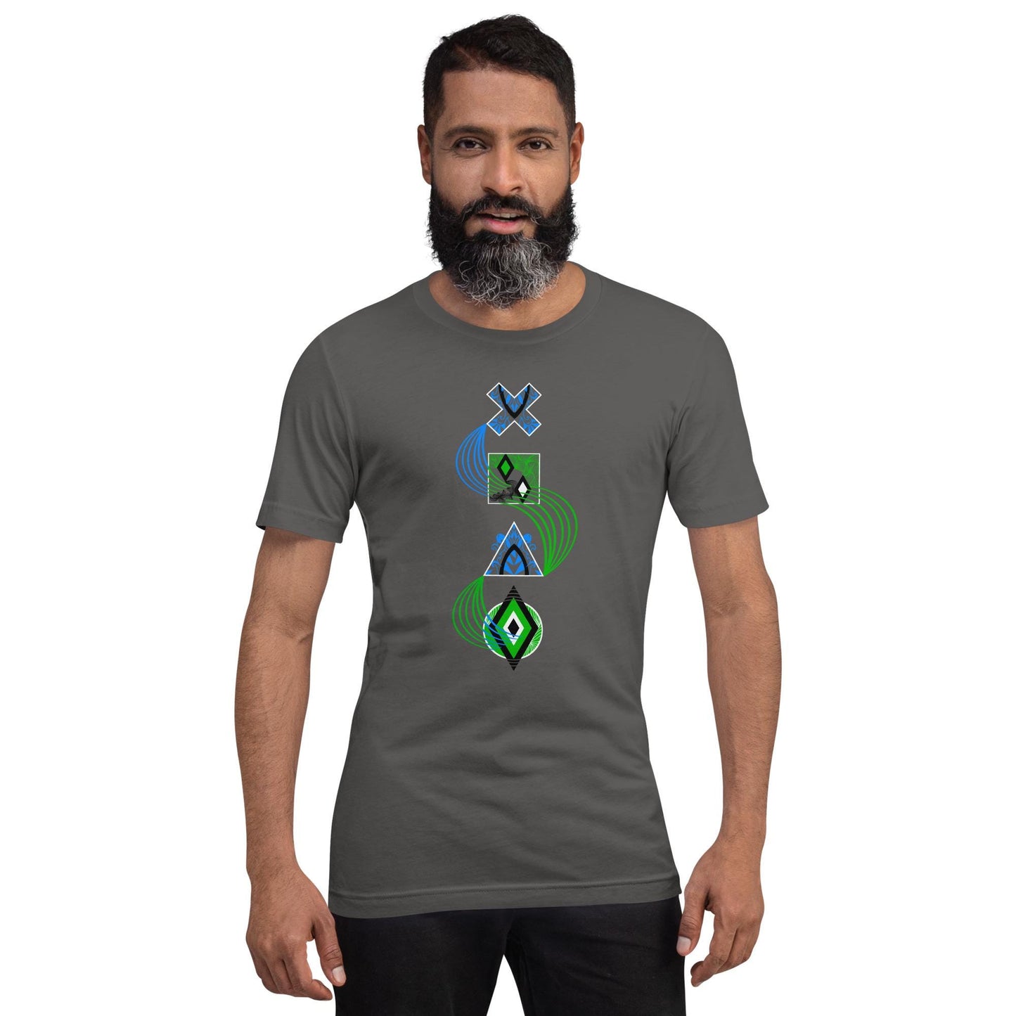 Asphalt grey unisex PlayStation controller symbols tee featuring neon-styled cross (×), square (□), triangle (△), and circle (○) icons connected by blue and green curved lines.