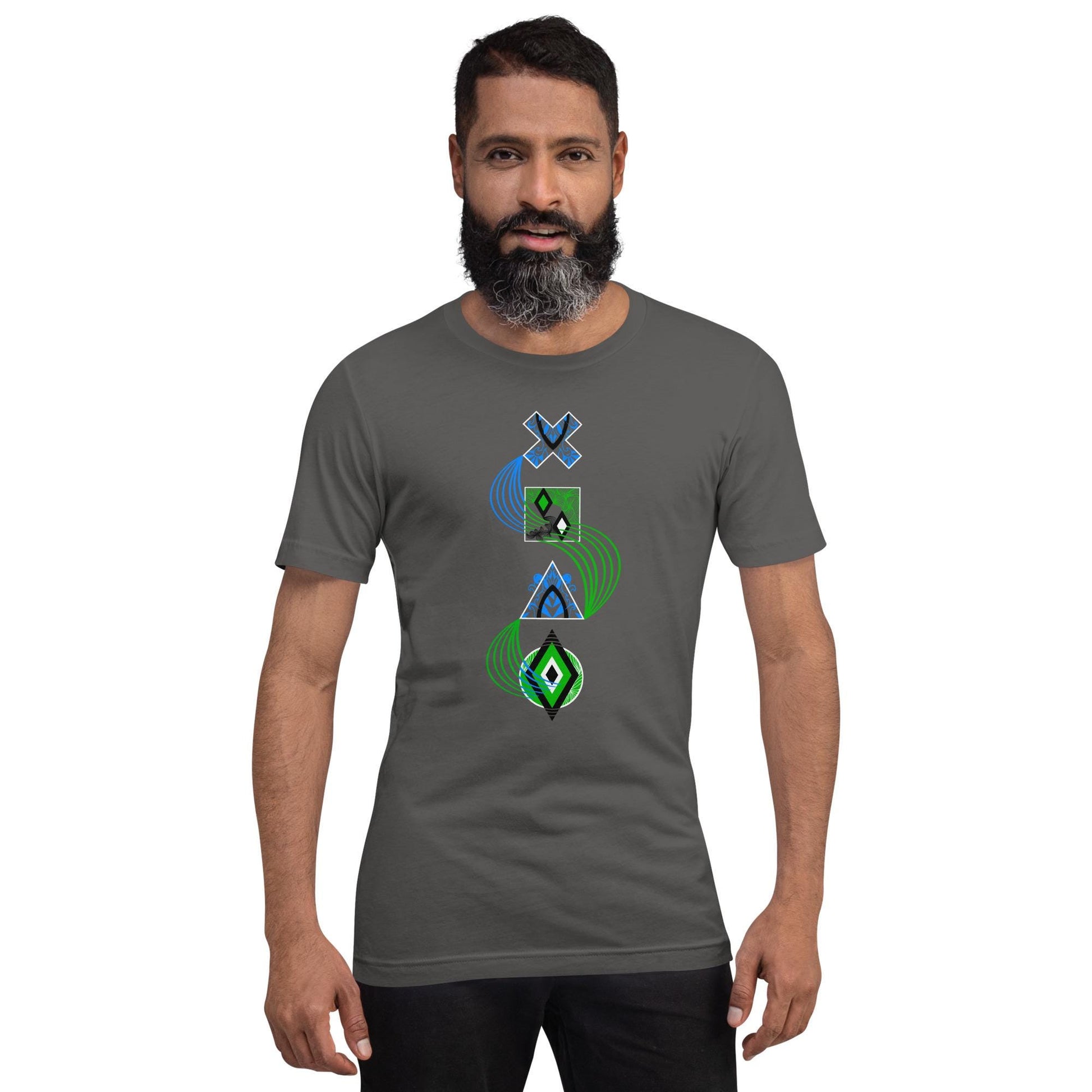 Asphalt grey unisex PlayStation controller symbols tee featuring neon-styled cross (×), square (□), triangle (△), and circle (○) icons connected by blue and green curved lines.