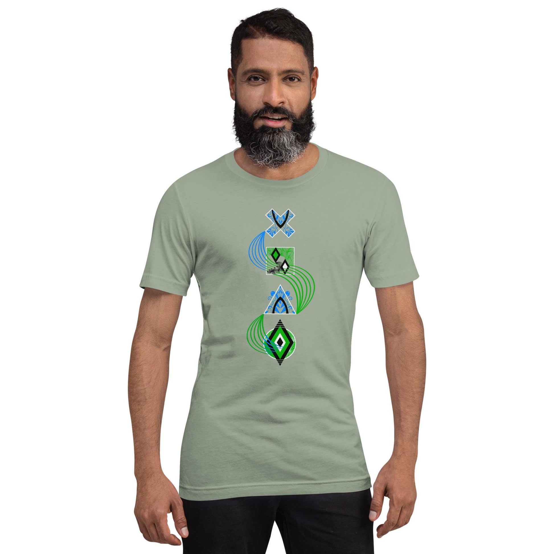 Sage green unisex PlayStation controller symbols tee featuring neon-styled cross (×), square (□), triangle (△), and circle (○) icons connected by blue and green curved lines.