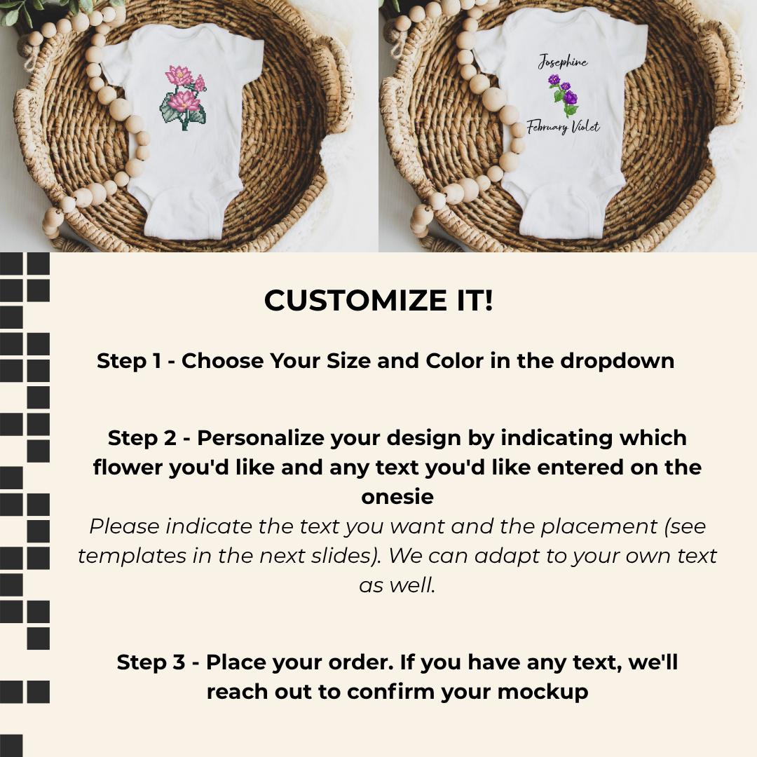 Custom Birth Flower Onesie | 12 Pixel Flower Birthday Month Bouquet Baby Bodysuit