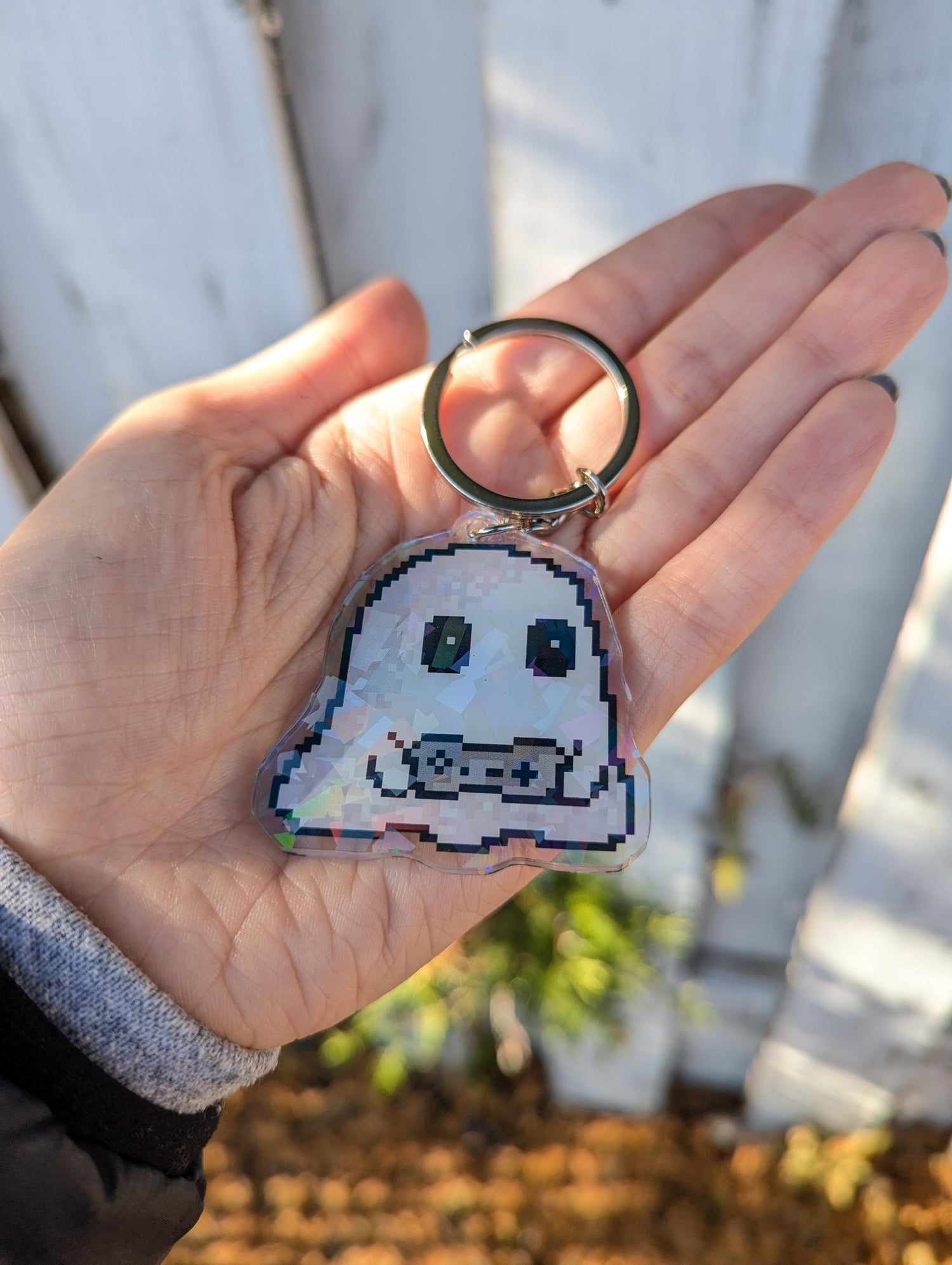Pixel Gamer Ghost Keychain | Shiny Double-Sided Acrylic Ghoul Charm