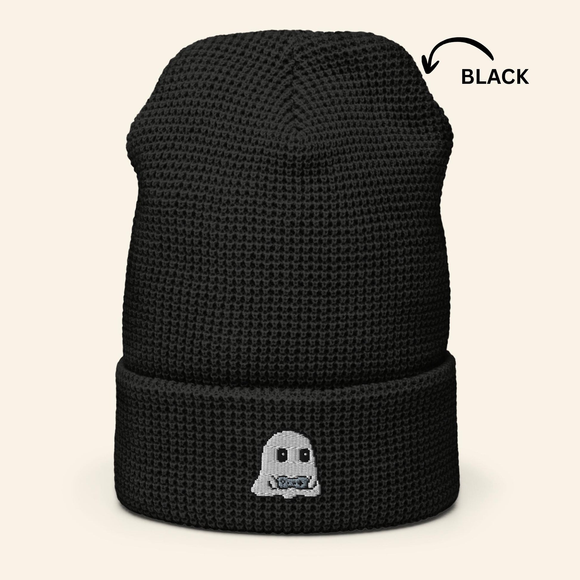 Pixel Gamer Ghost Beanie | Embroidered Waffle Knit Winter Hat
