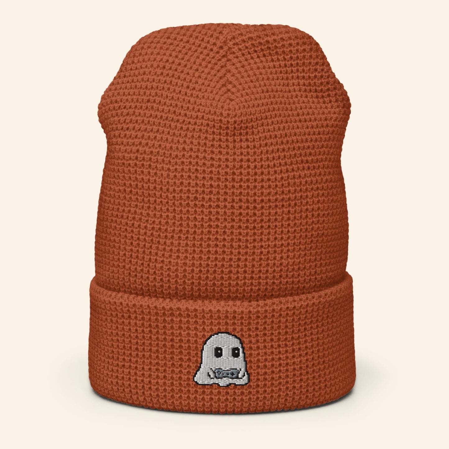 Pixel Gamer Ghost Beanie | Embroidered Waffle Knit Winter Hat