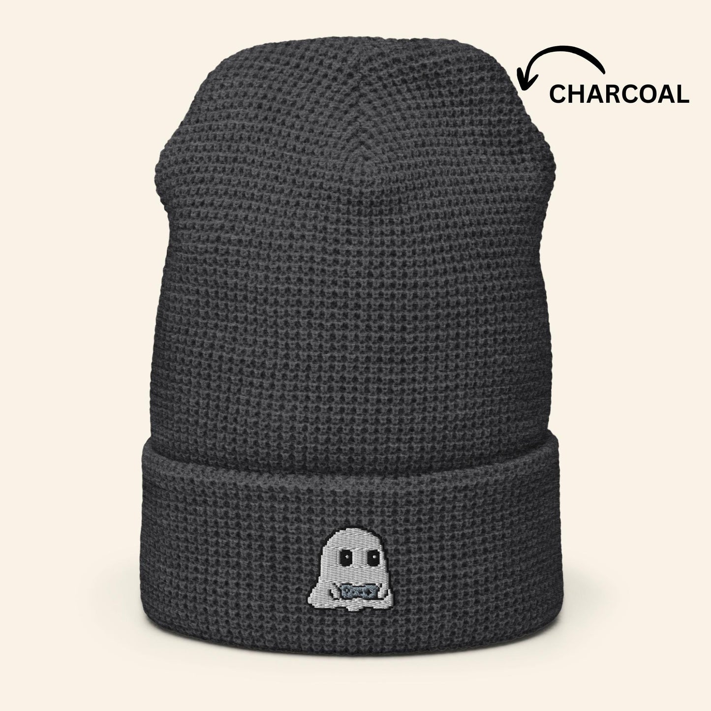 Pixel Gamer Ghost Beanie | Embroidered Waffle Knit Winter Hat