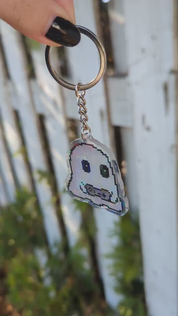Pixel Gamer Ghost Keychain | Shiny Double-Sided Acrylic Ghoul Charm